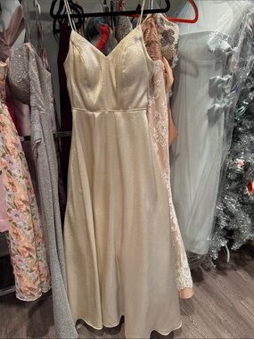 Cachet Champagne Metallic Beige Evening Dress with Lace Trim